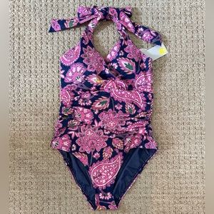 Boden Levanzo Ruched Halter Swimsuit, Size 4. Navy, pink, multi-colored print.
